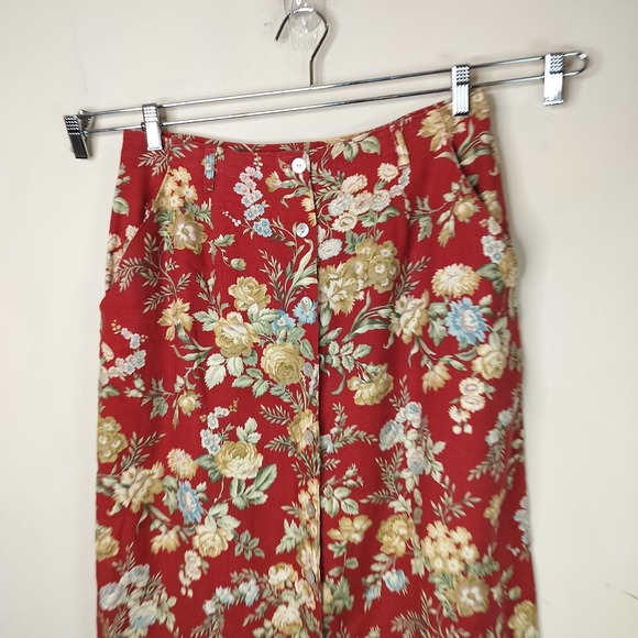 Orvis Vintage Maxi Skirt Red Garden Floral Linen Blend Button Up - Picture 5 of 12